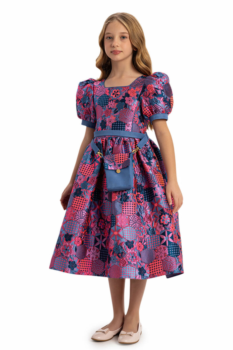 Blue Girls Jacquard Dress with Bag 8-14 AGE - 5