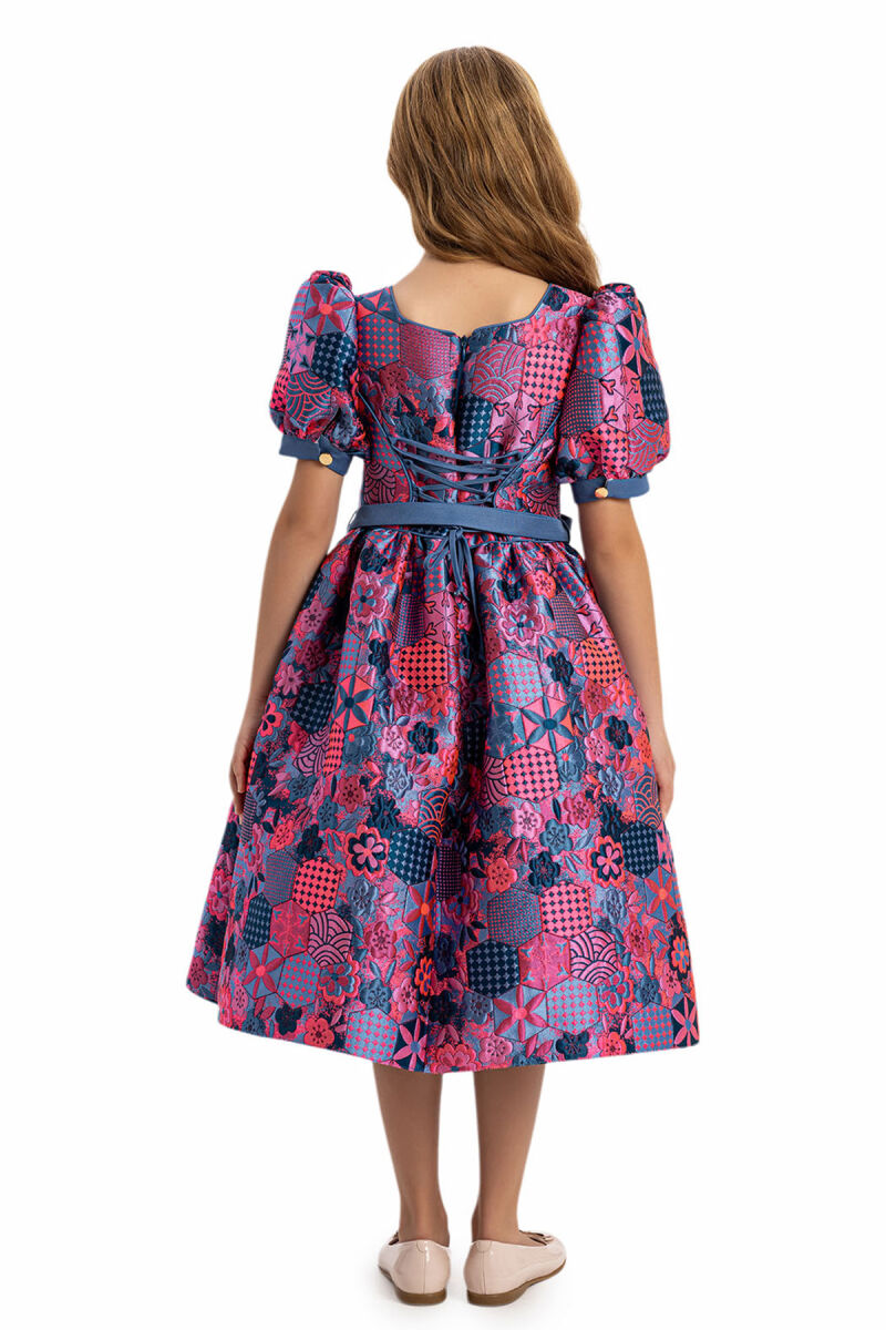 Blue Girls Jacquard Dress with Bag 8-14 AGE - 9