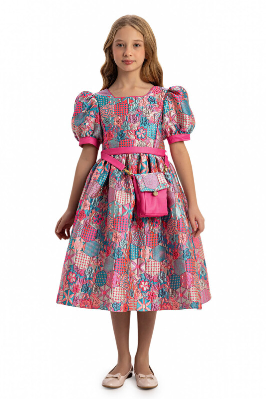 Pink Girls Jacquard Dress with Bag 8-14 AGE - 5