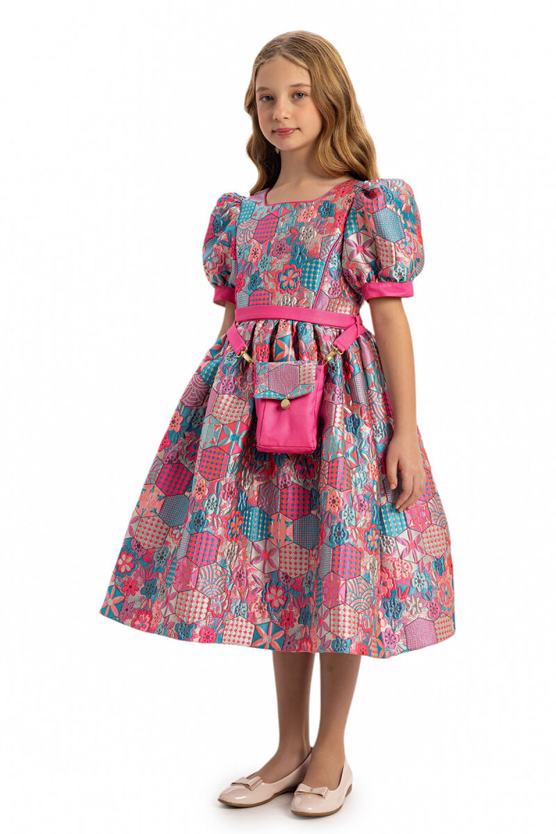 Pink Girls Jacquard Dress with Bag 8-14 AGE - 6