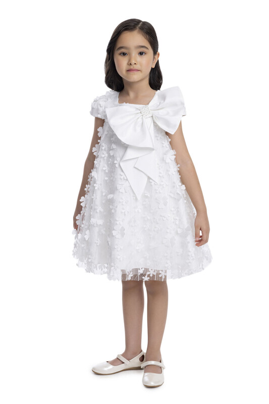 Ecru Girl's Dress with Bow 3-7 AGE 34003PR - 2