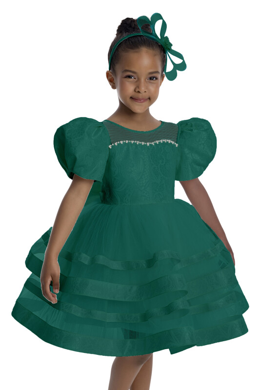 Green Puff Sleeve Girl's Dress 3-7 AGE 34061PR - 3
