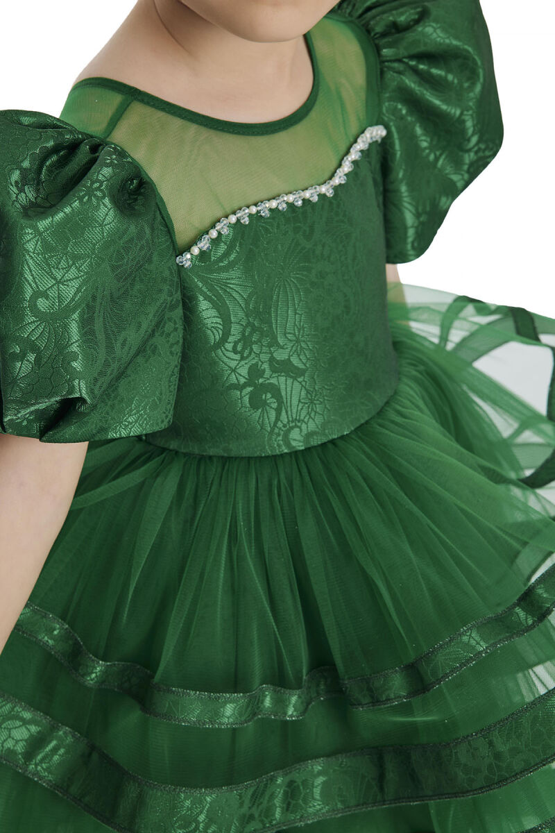 Green Puff Sleeve Girl's Dress 3-7 AGE 34061PR - 8