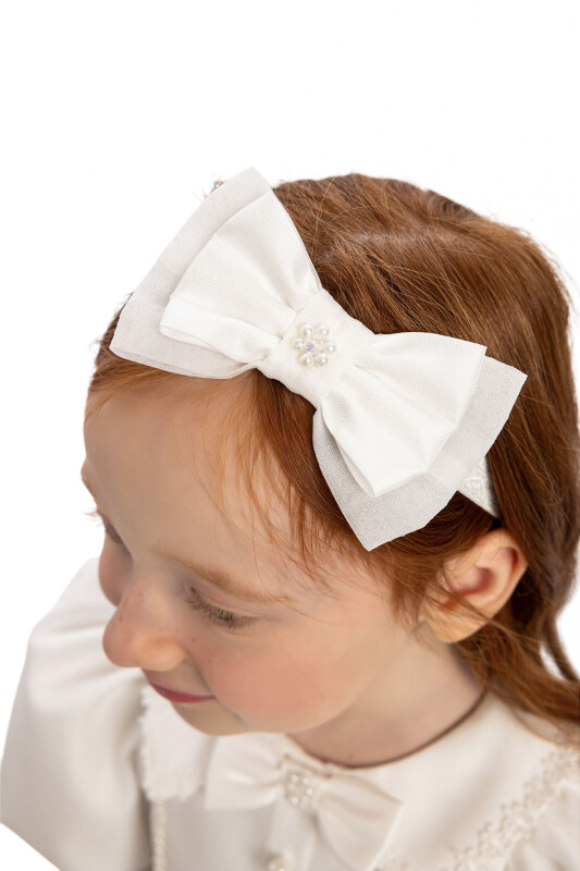 Ecru Baby Dress with Pearl Details and Hair Accessory 6-24 MONTH 35230PR - 5