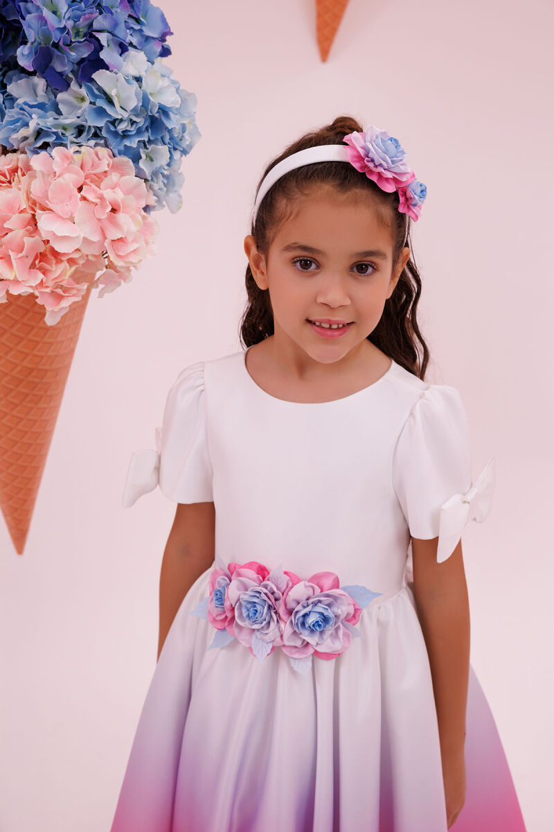 Fuchsia Ombre Satin Dress with Floral Hair Accessory 3-7 AGE 35261PR - 3
