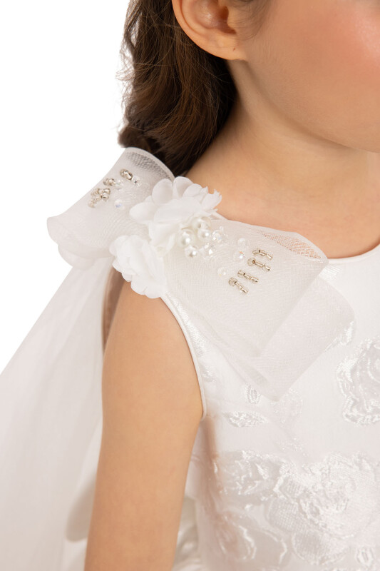 Ecru Jacquard Dress with Tulle Cape 3-7 AGE 35207PR - 5