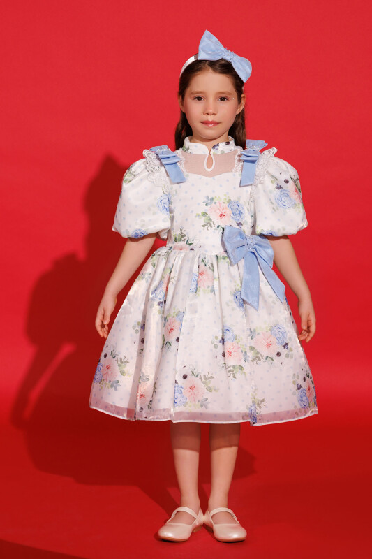 Blue Floral Dress with Hair Accessory 3-7 AGE 35427PR 