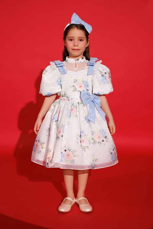 Blue Floral Dress with Hair Accessory 3-7 AGE 35427PR - 2