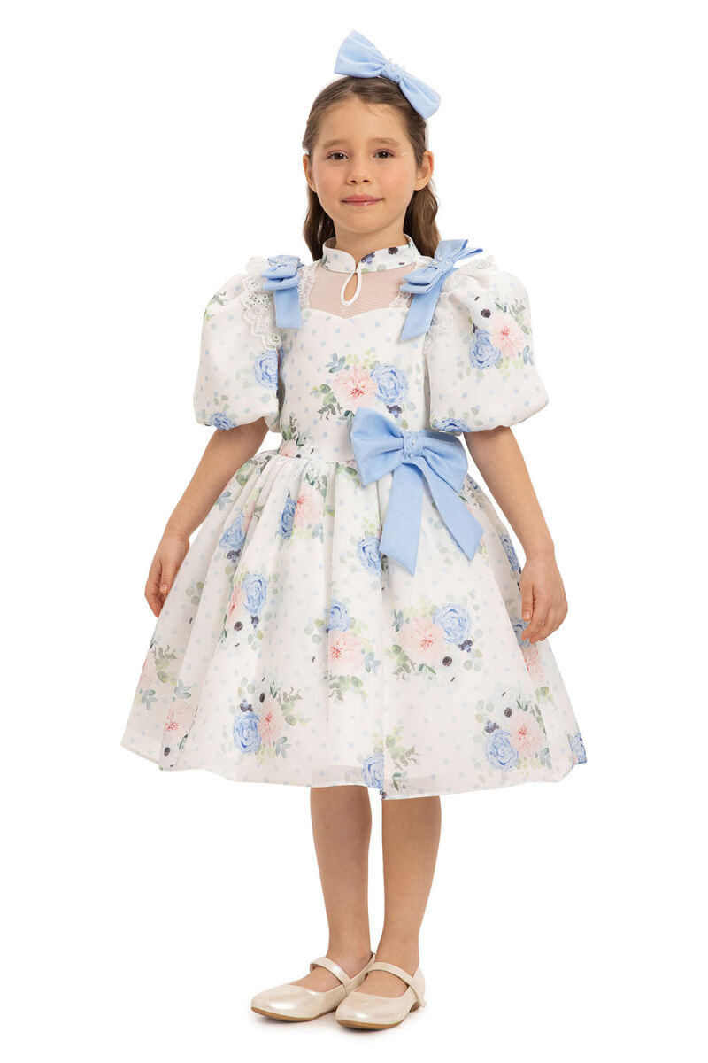 Blue Floral Dress with Hair Accessory 3-7 AGE 35427PR - 4