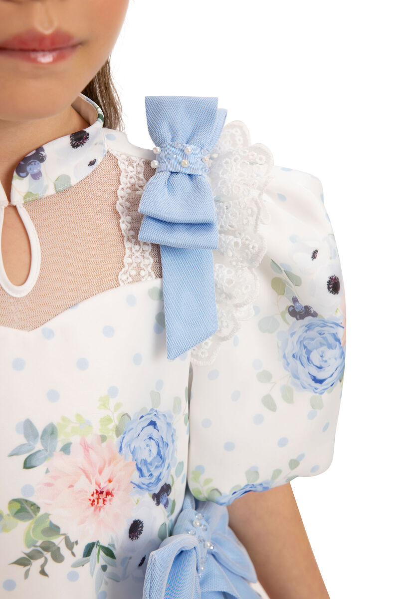 Blue Floral Dress with Hair Accessory 3-7 AGE 35427PR - 9