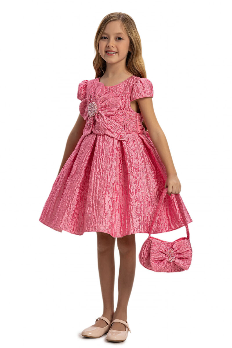 Pink Textured Dress with Matching Bag 3-7 AGE 35443PR - 2